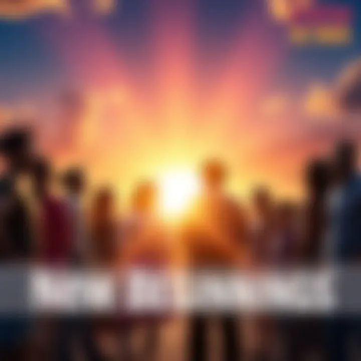 A group of diverse people standing together looking towards a bright sunrise, symbolizing hope and new opportunities.