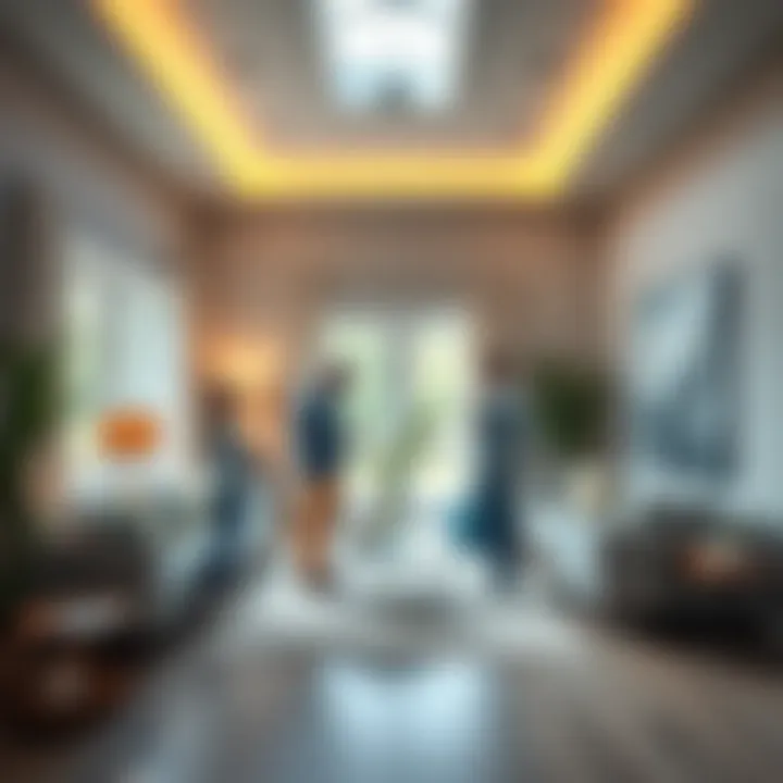 People exploring a bright and inviting living room in a new home, discussing their thoughts and tips.