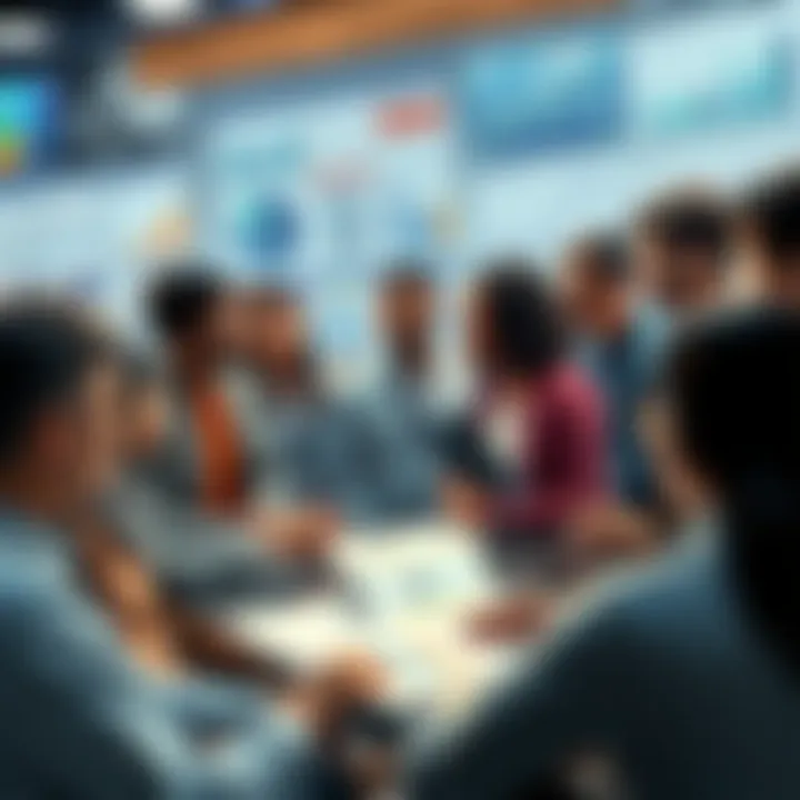 A group of diverse people discussing recent findings, with charts and graphs around them illustrating new ideas and their societal impact.