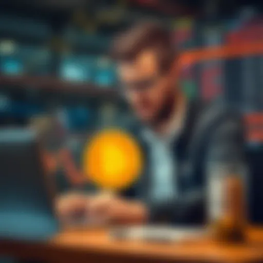 A new investor looking worried while checking Bitcoin prices on a laptop, symbolizing uncertainty in the stock market.