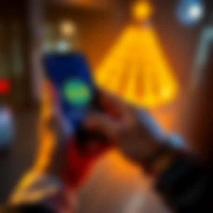 A person holding a smartphone displaying the XLM cryptocurrency logo while thinking about their investment choices between XLM and XRP.