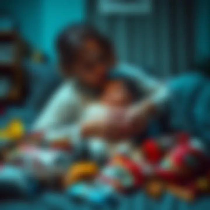 A tired new parent holding a baby, surrounded by snacks and food, looking overwhelmed from sleep deprivation and cravings.