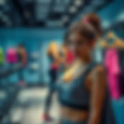 Newbie gym-goer trying on workout clothes A woman at a gym fitting room looking frustrated while trying on different workout outfits that don't fit well