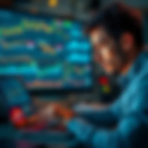 A thoughtful person looking at Bitcoin charts and graphs on a laptop, contemplating an investment in cryptocurrency.