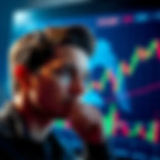 A person looking thoughtfully at a Bitcoin graphic, pondering whether to invest this year, with stock charts in the background.