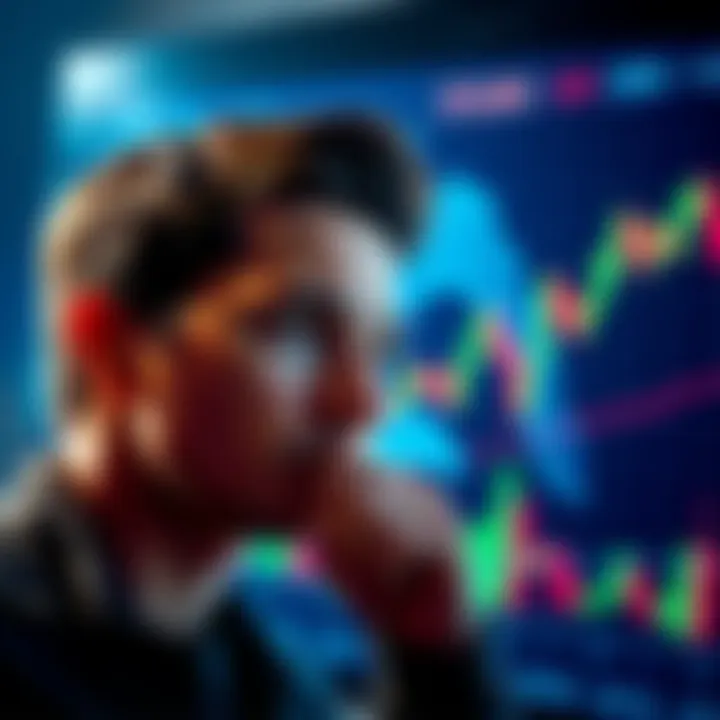 A person looking thoughtfully at a Bitcoin graphic, pondering whether to invest this year, with stock charts in the background.