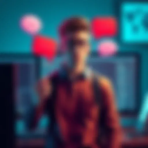 A newcomer expresses feelings about censorship in online communities, showing emotions of frustration and relief while standing in front of a computer screen with chat bubbles around him.