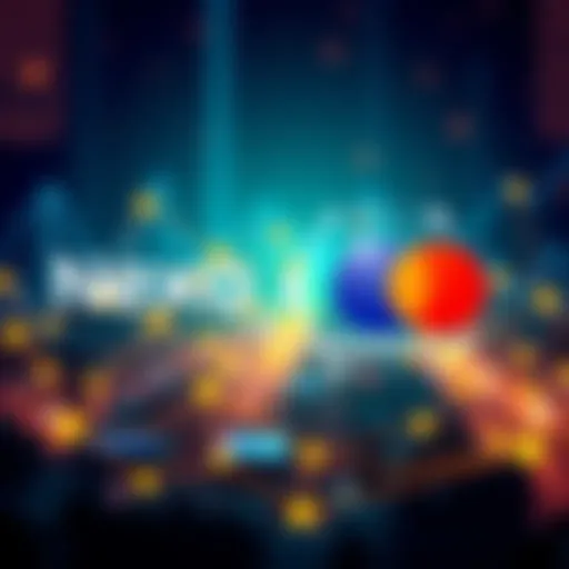 Illustration showing Nexo and Mastercard logos intertwined with digital currency icons, symbolizing collaboration in crypto payments.