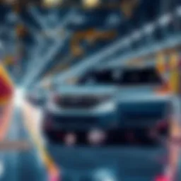 A modern Honda CR-V in a factory setting with assembly lines in the background, showcasing advanced technology and efficiency in production.