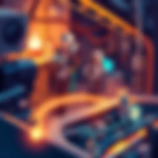An illustration showcasing NexusPool's 0% fee Bitcoin mining pool with features like a Glass Ledger and miners at home enjoying the process.
