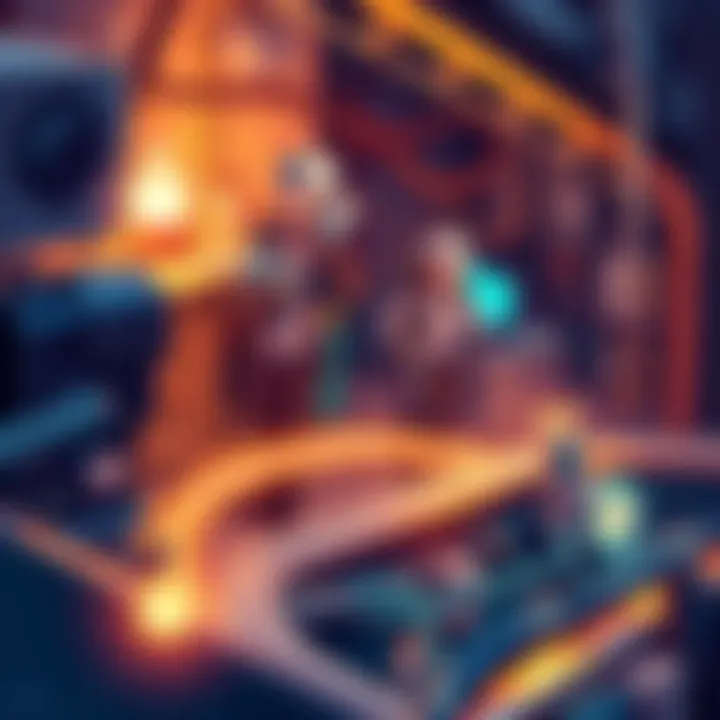 An illustration showcasing NexusPool's 0% fee Bitcoin mining pool with features like a Glass Ledger and miners at home enjoying the process.