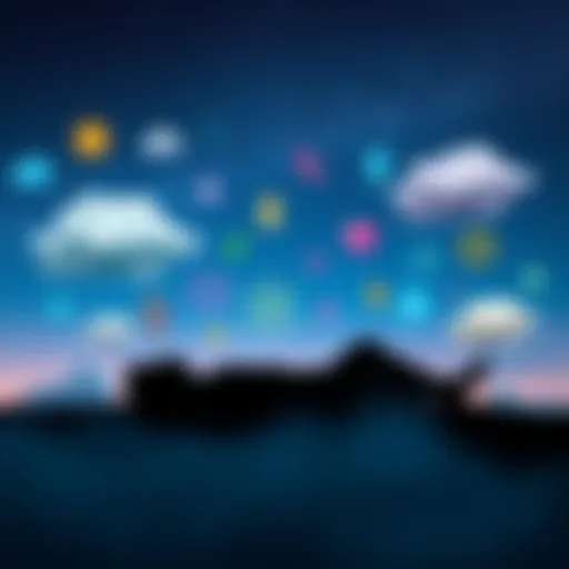 A silhouette of a person lying under a starry night sky, surrounded by vibrant dream-like symbols and clouds representing various dreams