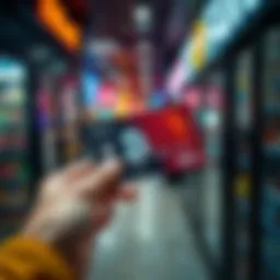 A person holds a debit card with a digital currency symbol in front of a store, showcasing ease of use without KYC requirements.