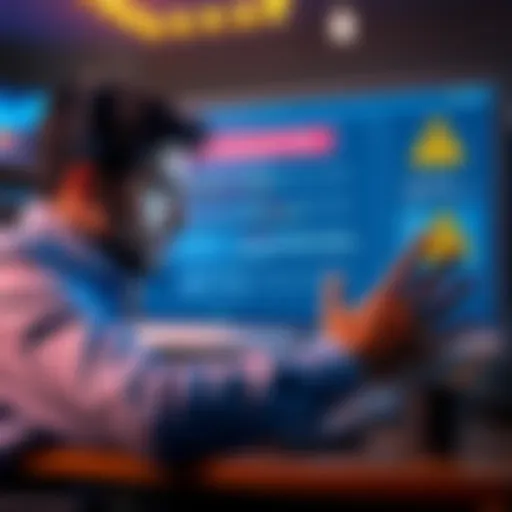 A concerned person reviewing decentralized finance terms on a computer screen with warning symbols around