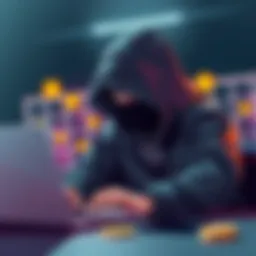 Illustration of a hacker in a dark hoodie, typing on a laptop with cryptocurrency symbols around, representing a breach of security in a crypto exchange