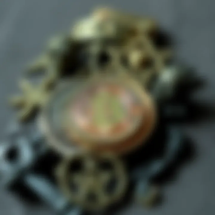 A collection of occult symbols arranged around a physical bitcoin, representing the connection between finance and occult practices.