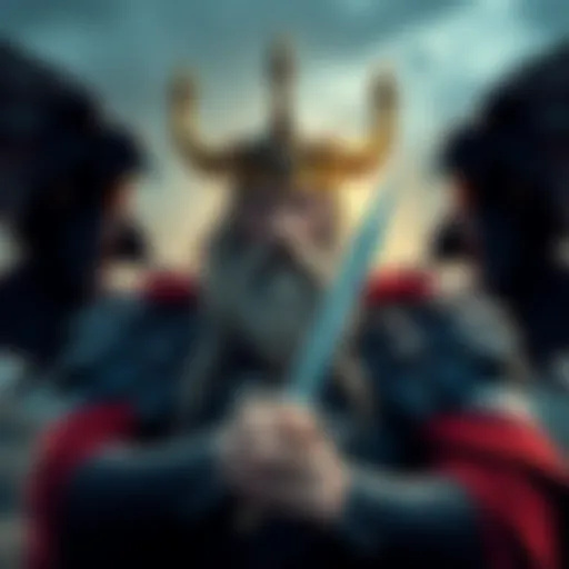 Odin, the Norse god, depicted with two ravens on his shoulders and holding a sword, symbolizing wisdom and war.
