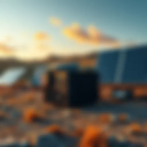 Off-grid Bitcoin mining setup A Bitmain S19j Pro ASIC miner in a rugged outdoor environment, showcasing solar panels and battery storage for an off-grid setup.