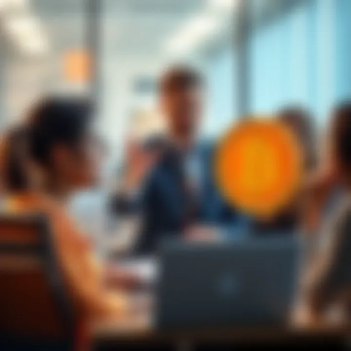 Coworkers debating Bitcoin's price drop, with one person confidently holding a Bitcoin symbol, while others appear concerned.