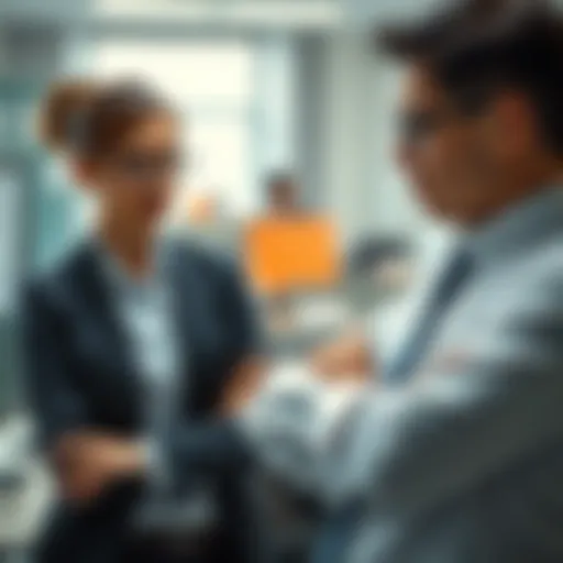 A female employee looks concerned while a male coworker crosses his arms, showing tension in the office. Both are dressed in business attire.