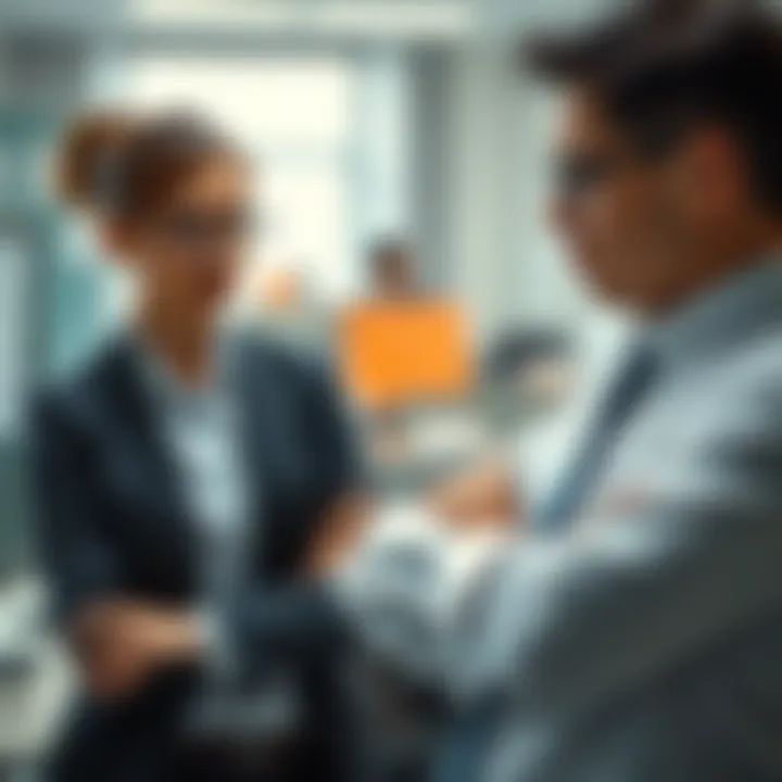 Office conflict after a promotion A female employee looks concerned while a male coworker crosses his arms, showing tension in the office. Both are dressed in business attire.