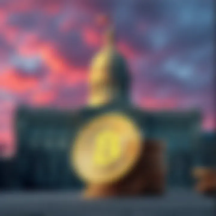 A graphic showing Bitcoin coins next to the Oklahoma state capitol building, symbolizing the proposal for state payments in cryptocurrency.
