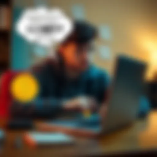 A college graduate looking at an old laptop, surprised to find a Bitcoin wallet key, with a thought bubble indicating confusion about accessing the funds.