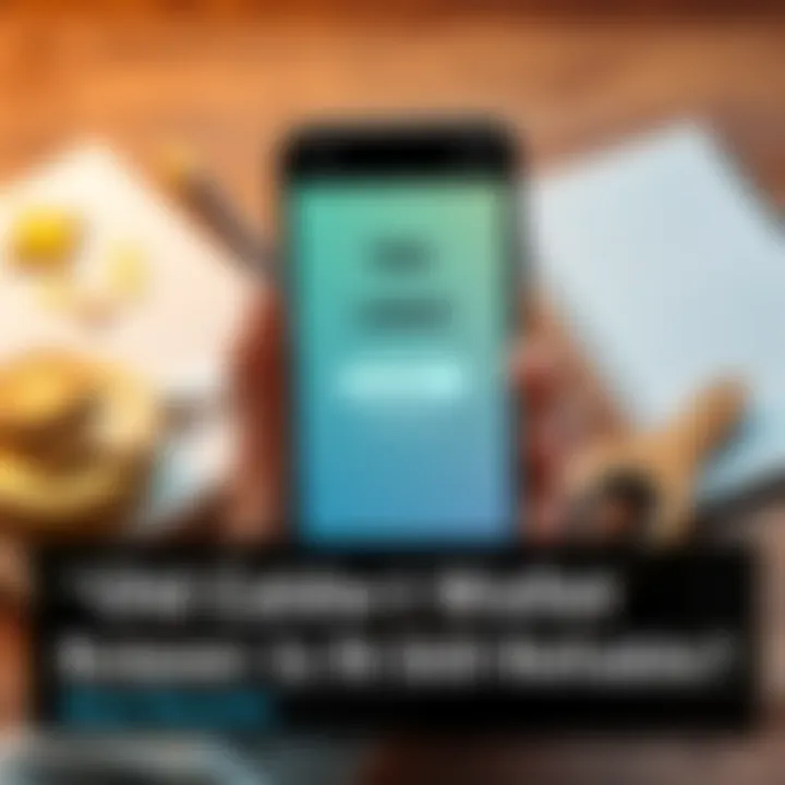 A person holding a smartphone displaying an old cake wallet app interface with a seed phrase visible. The background shows a table with coins and a notepad for notes about cryptocurrency transactions.