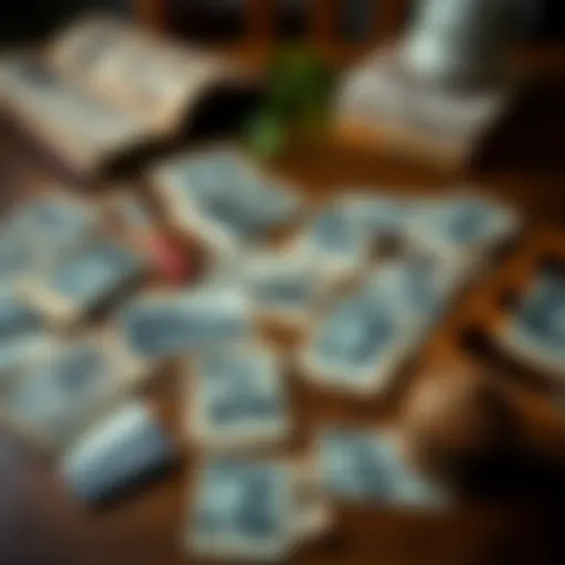 A collection of faded photographs laid out on a wooden table, evoking memories of the past.