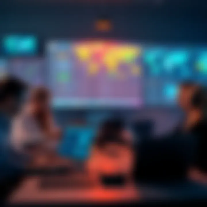 A group of people working together on laptops, discussing open-source software and privacy tools, with maps and encrypted messaging apps visible on the screens.