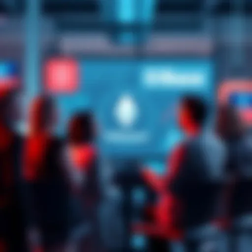 A group of professionals discussing job cuts in a modern office setting, with a digital display showing Ethereum and Base logos in the background.