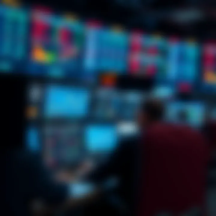 A group of options traders monitoring multiple screens in a busy trading office, analyzing stock data and news updates.