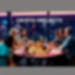 A group of people discussing various crypto coins at a table, highlighting underrated crypto projects.