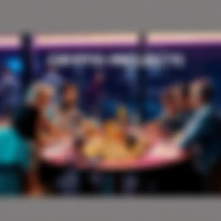 A group of people discussing various crypto coins at a table, highlighting underrated crypto projects.
