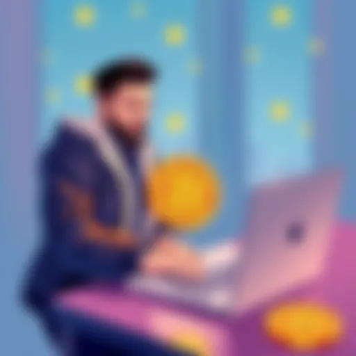 A digital illustration showing two people exchanging Bitcoin over a laptop, symbolizing peer-to-peer trading and privacy in cryptocurrency.