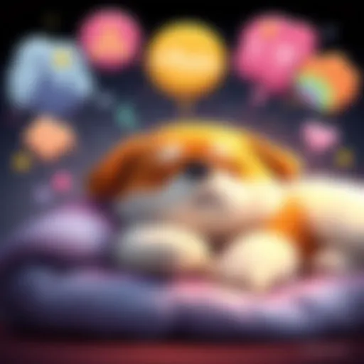 A fluffy dog named Padfoot sleeps peacefully with colorful dream bubbles above, depicting adventures and friendship themes.