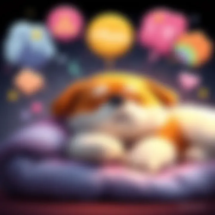 A fluffy dog named Padfoot sleeps peacefully with colorful dream bubbles above, depicting adventures and friendship themes.