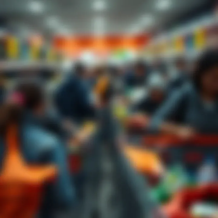 People filling shopping carts with groceries during a busy shopping rush