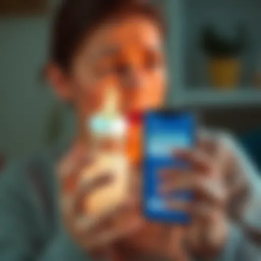 A concerned parent holding a baby bottle, looking worried while holding a phone showing a bank app with a frozen account alert