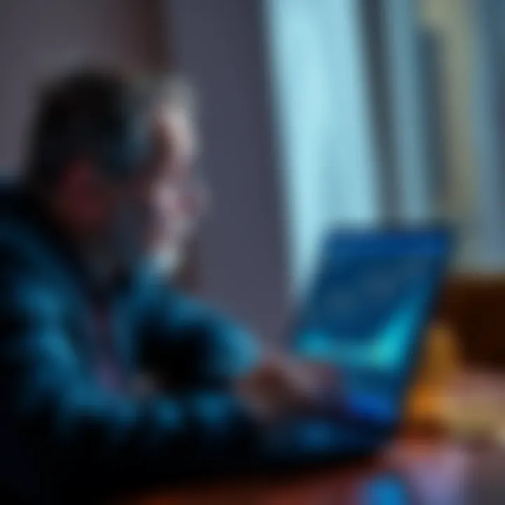 A parent looks at a laptop displaying Bitcoin graphs, contemplating college savings for children.