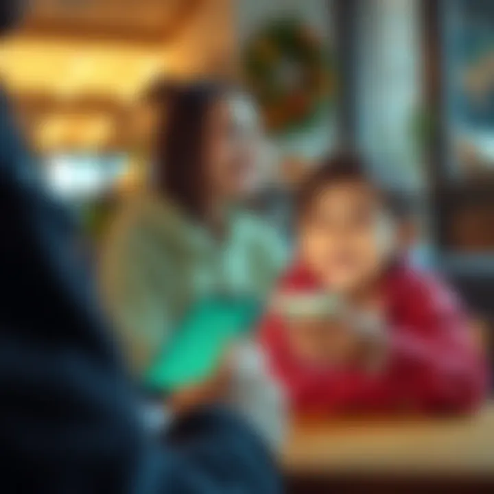 A parent using a smartphone to send money to a child through a payment link, showing a cheerful child receiving the funds on the other side.