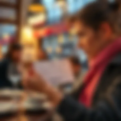 A traveler looks surprised at a restaurant bill in Paris showing a €6 fee for using a non-EU card.
