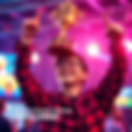 A happy participant holds a trophy above their head, showcasing their success in the Premium Rewards Ladder challenge.