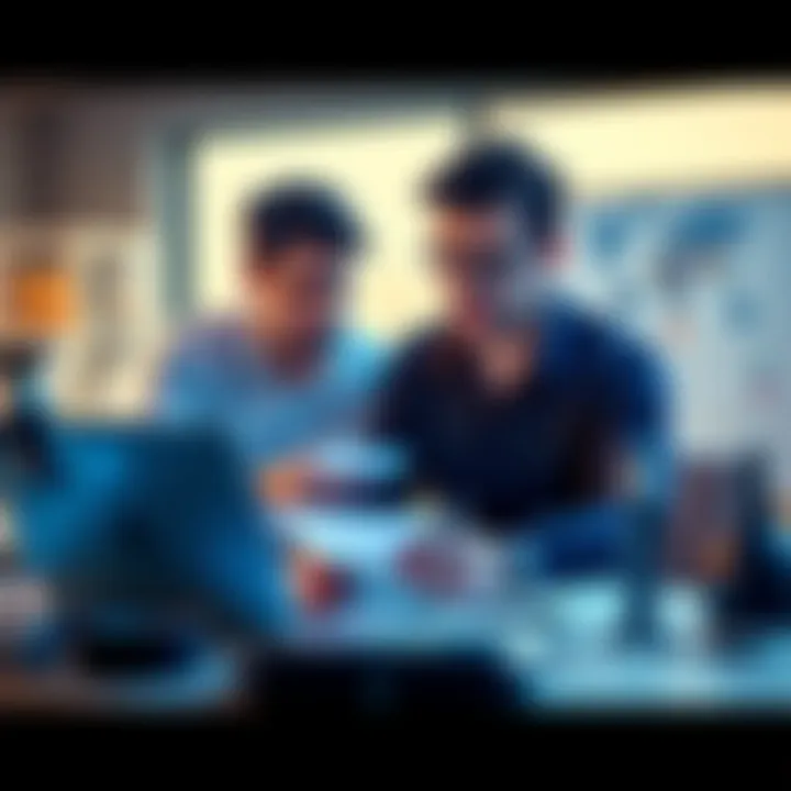 Two people discussing ideas over a laptop with notes and tech elements around them.