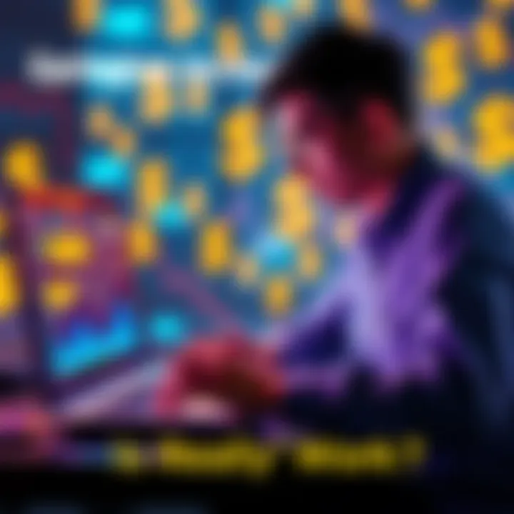 A person analyzing cryptocurrency charts and earning potential on a laptop with dollar signs in the background