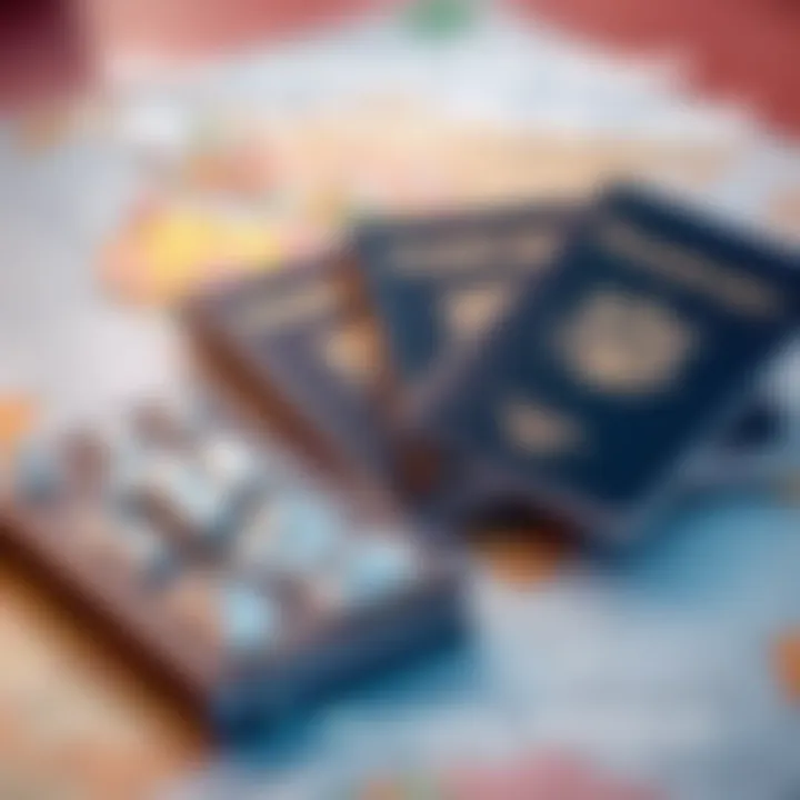A collection of passports placed next to a small model of land parcels representing land ownership