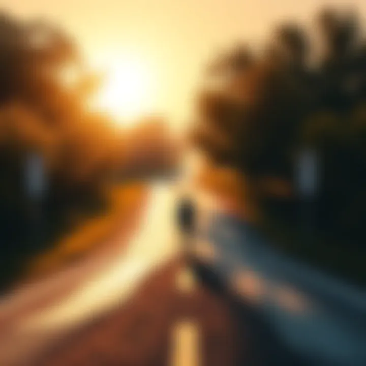 A person standing at a crossroad choosing a path, surrounded by trees and sunlight.