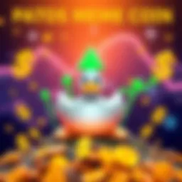 A graphic showing a duck symbolizing Patos Meme Coin, with green upward arrows indicating growth, and dollar signs around, representing its rise in presale and exchange listings.