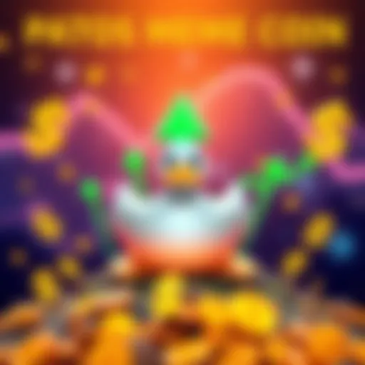 A graphic showing a duck symbolizing Patos Meme Coin, with green upward arrows indicating growth, and dollar signs around, representing its rise in presale and exchange listings.