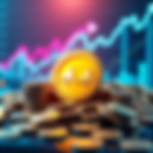 Patos Meme Coin logo surrounded by coins and upward trending charts, symbolizing investment and growth,